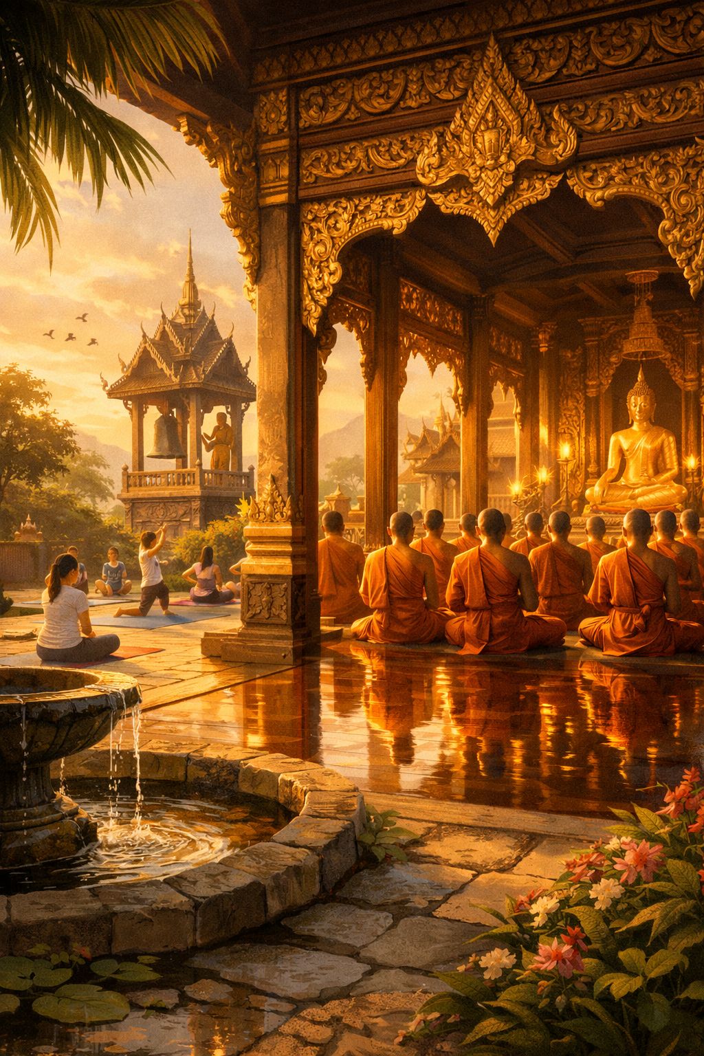 Von Sonnenaufgang bis Sonnenuntergang: Alltag um thailändische Tempel